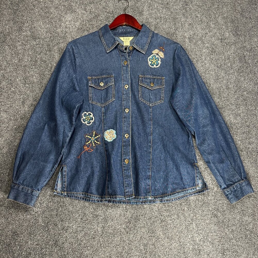 Teddi Top Womens Medium Long Sleeve Blue Denim Button Up Shirt Embellished Pocke